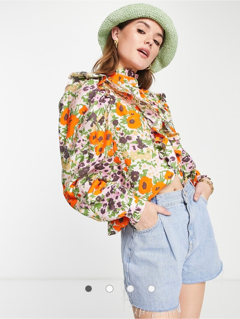 Floral Ruffle High-Neck Blouse - Orange & Green
